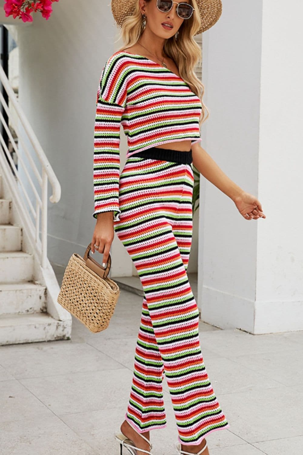 Striped Single Shoulder Top and Pants Knit Set.