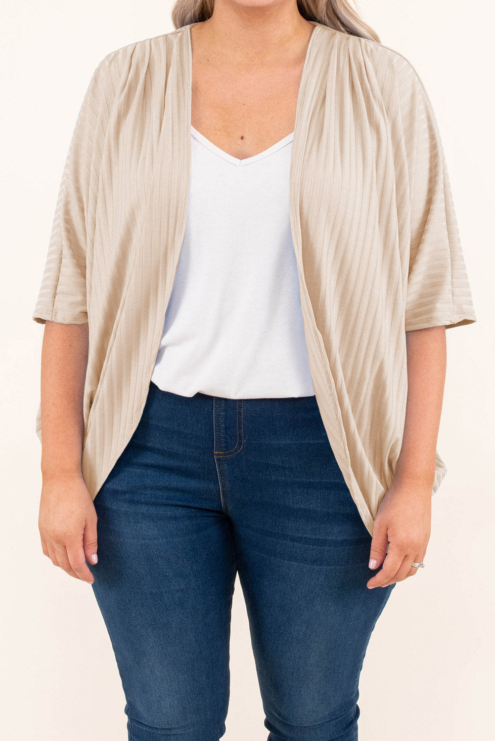 Apricot shimmer ribbed texture cardigan for plus sizes