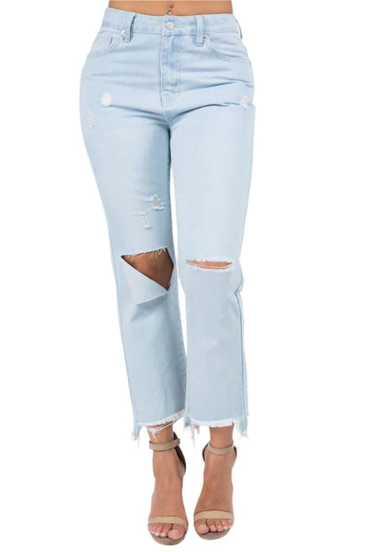 American Bazi High Waist Distressed Raw Hem Jeans.