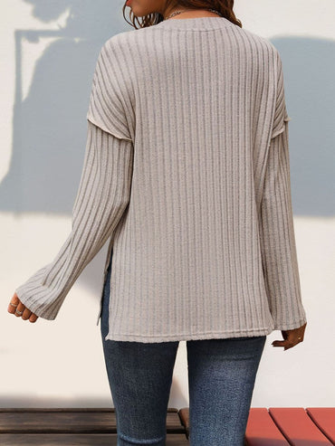 Slit Half Button Long Sleeve T-Shirt.