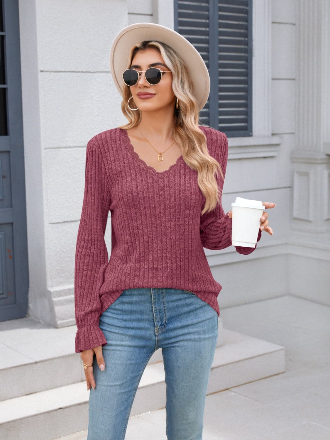 Lace v-neck long sleeve top