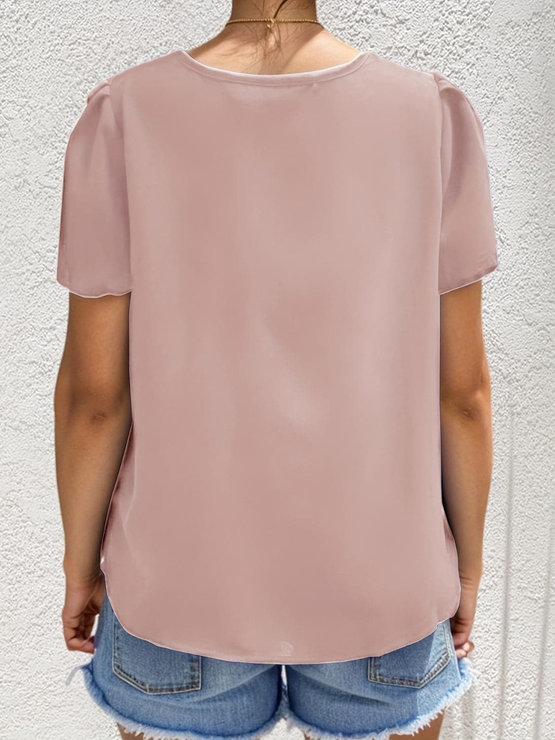 Ruched Round Neck Short Sleeve Blouse.