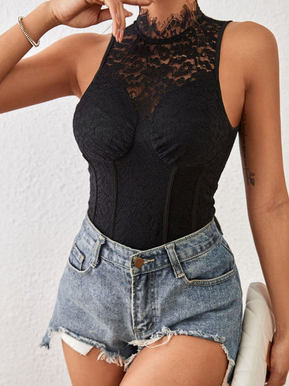 Mock Neck Sleeveless Lace Bodysuit.