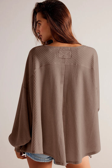 Coffee-hued waffle knit V-neck long sleeve blouse with drop shoulders