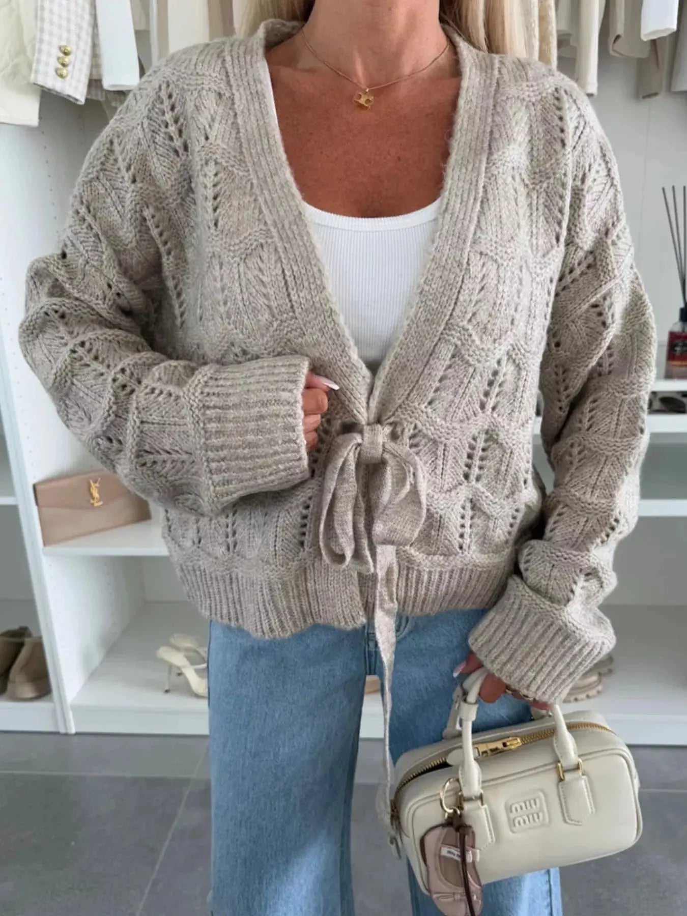 Tie-Front Openwork Cardigan Simply Love