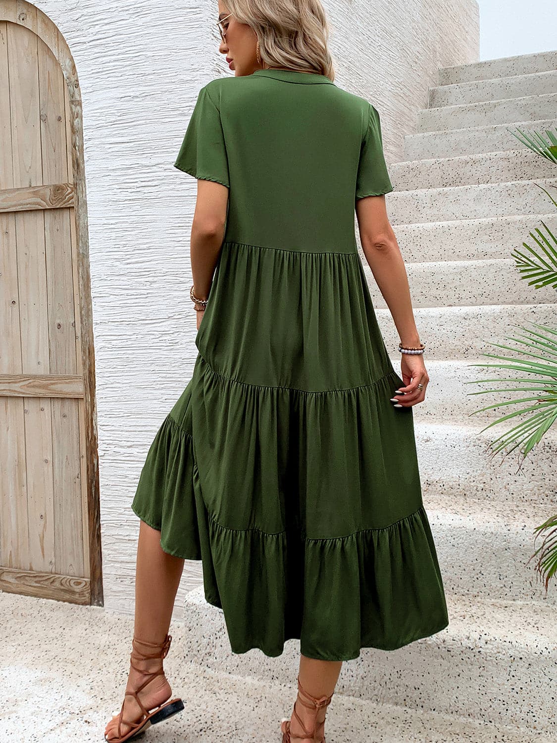 Tiered Notched Short Sleeve Midi Dress.