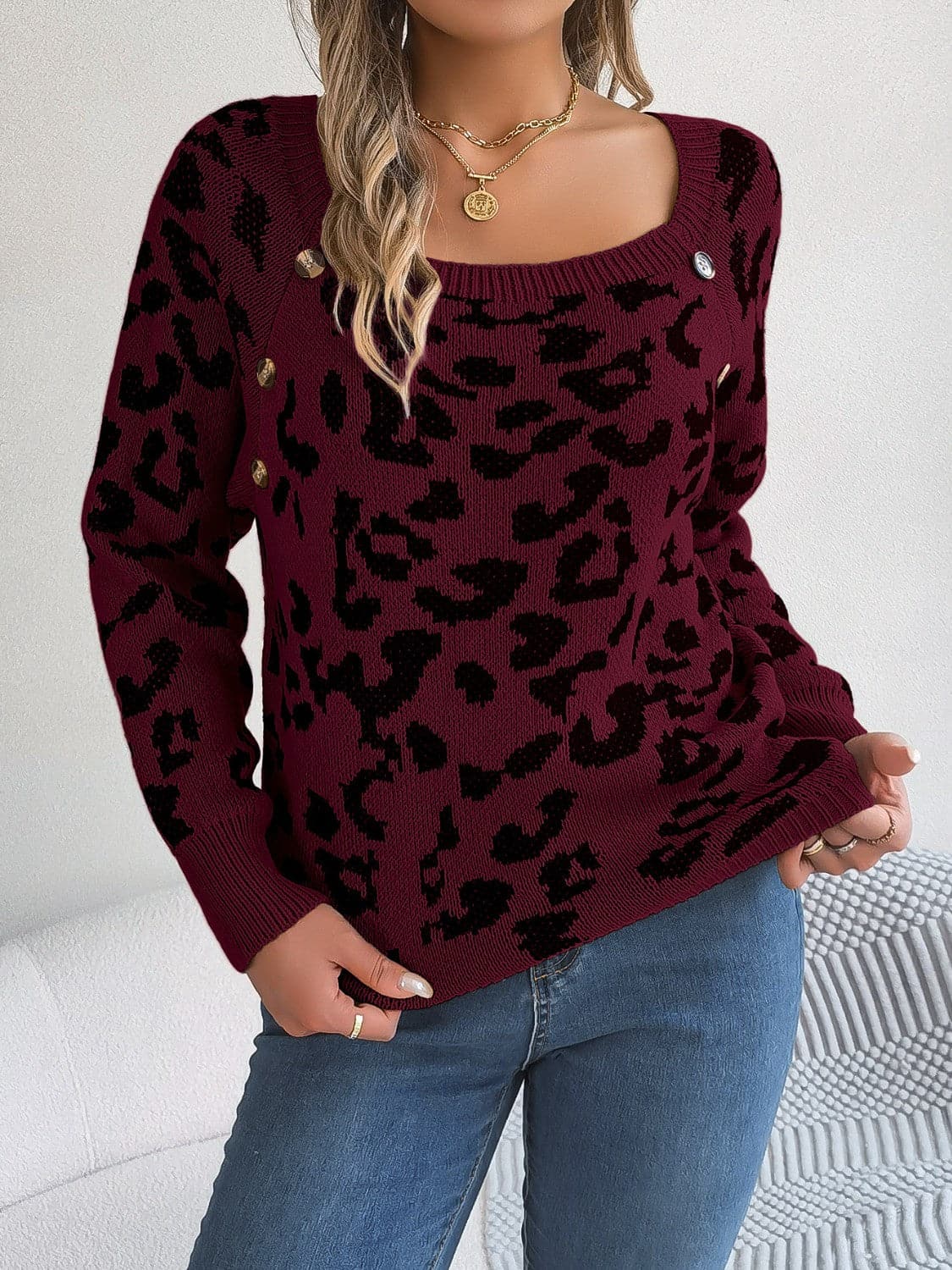 Leopard Buttoned Square Neck Sweater.