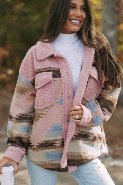 Cozy pink Aztec print sherpa coat with flap pockets