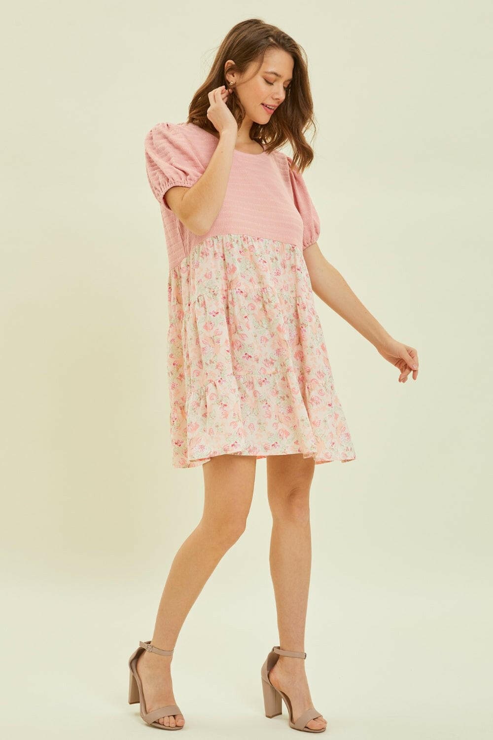 HEYSON Full Size Round Neck Floral Ruffle Hem Mini Dress.