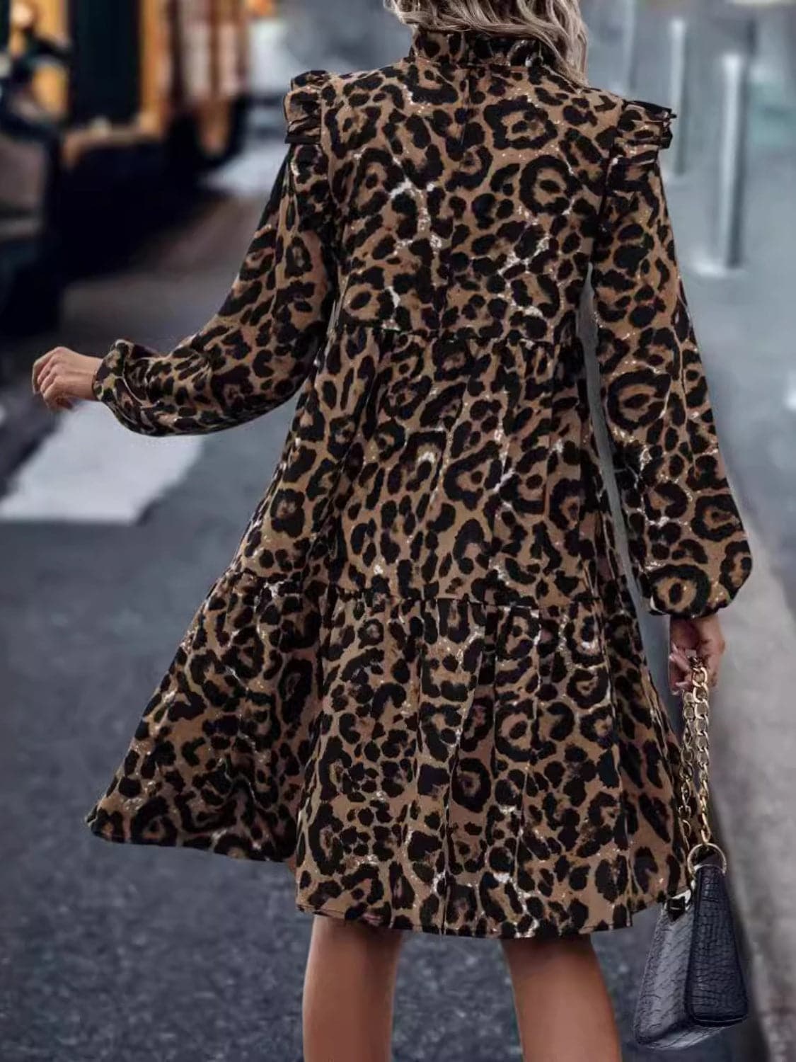 Ruffled leopard print mock neck mini dress with long sleeves