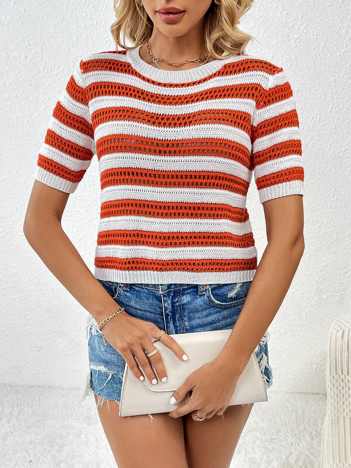 Openwork Striped Round Neck Short Sleeve Knit Top.