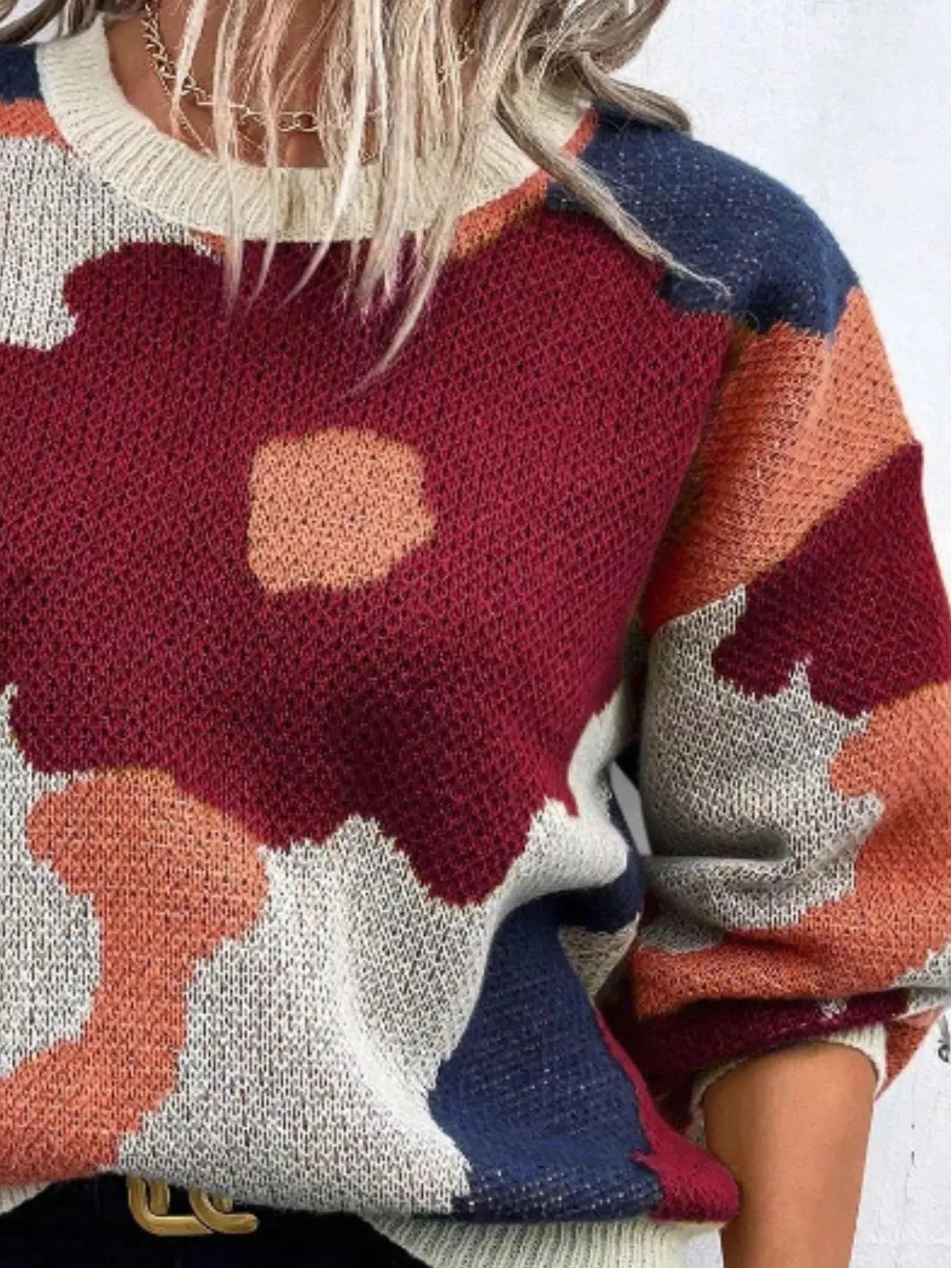 Floral Pattern Round Neck Sweater Simply Love