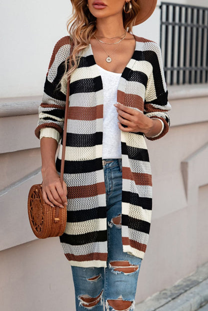 Full Size Striped Long Sleeve Openwork Cardigan.