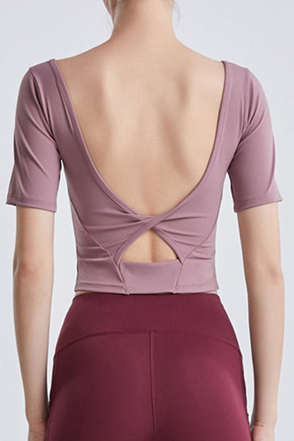 Cutout Backless Round Neck Active T-Shirt.