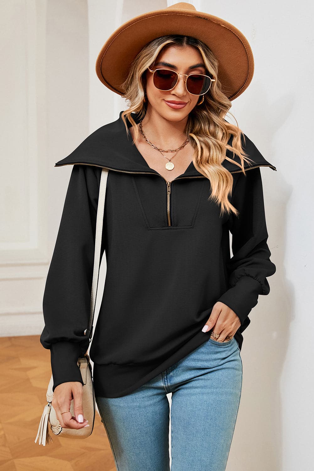 Half Zip Lantern Sleeve Sweatshirt.