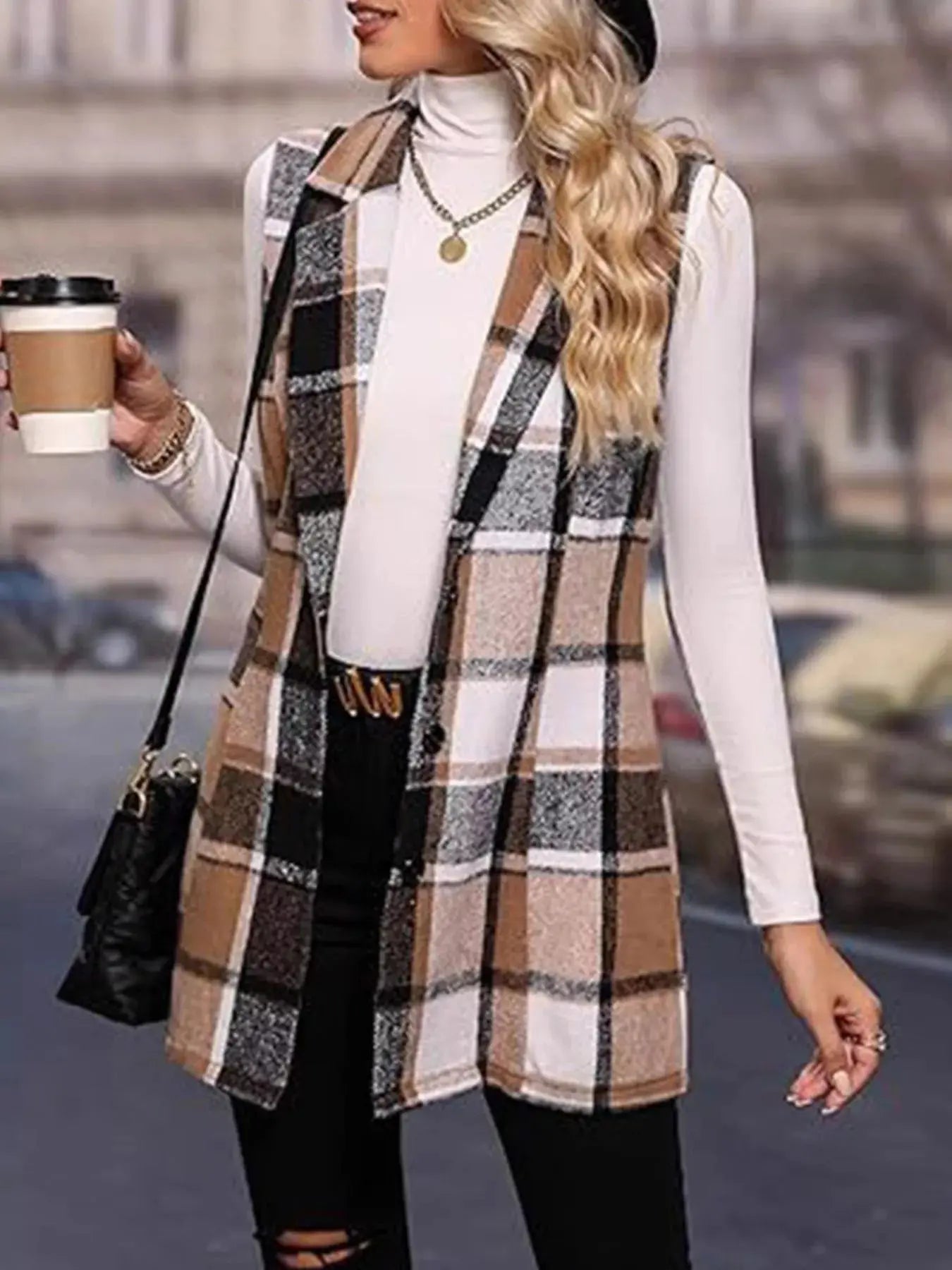 Plaid Button Up Vest Coat For Women Longline Polyester Simply Love