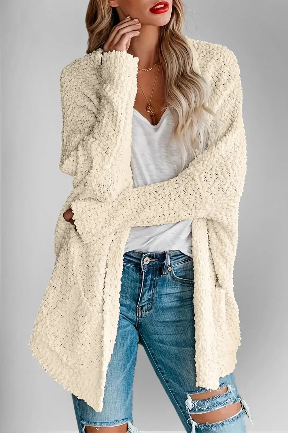 Double Take Pocketed Open Front Long Sleeve Cardigan - Love Salve