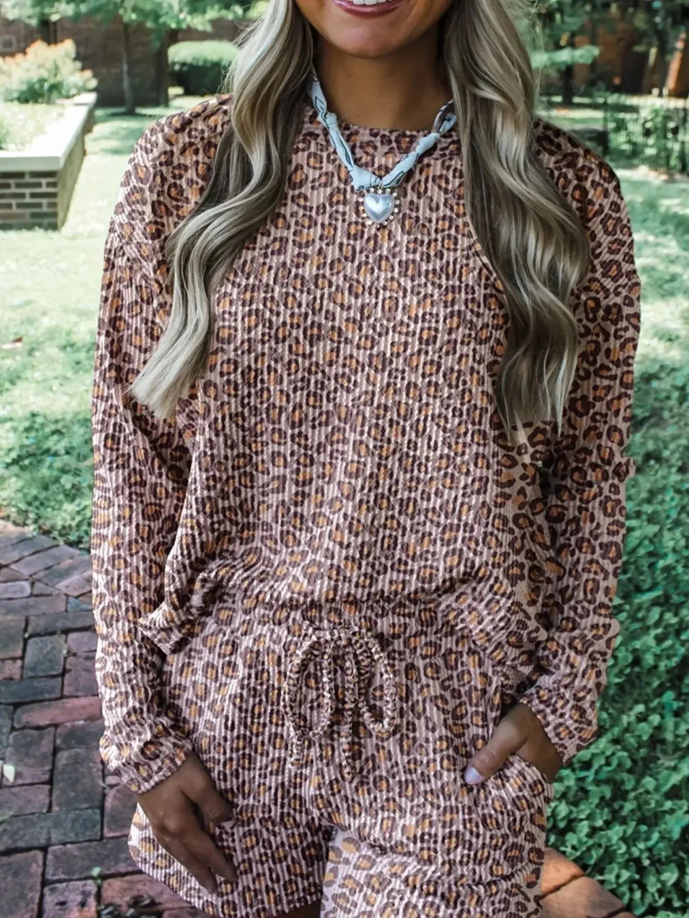 Leopard Ribbed Long Sleeve Top Drawstring Shorts 2pcs Outfit Simply Love