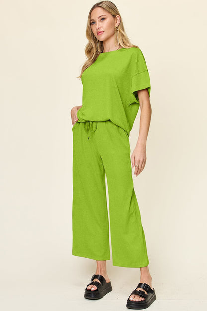 Double Take Full Size Texture Round Neck Short Sleeve T-Shirt and Wide Leg Pants.