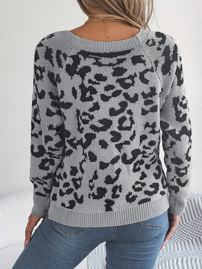 Leopard Buttoned Square Neck Sweater.