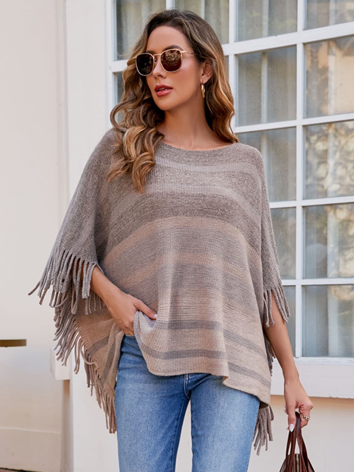 Striped Boat Neck Poncho with Fringes.