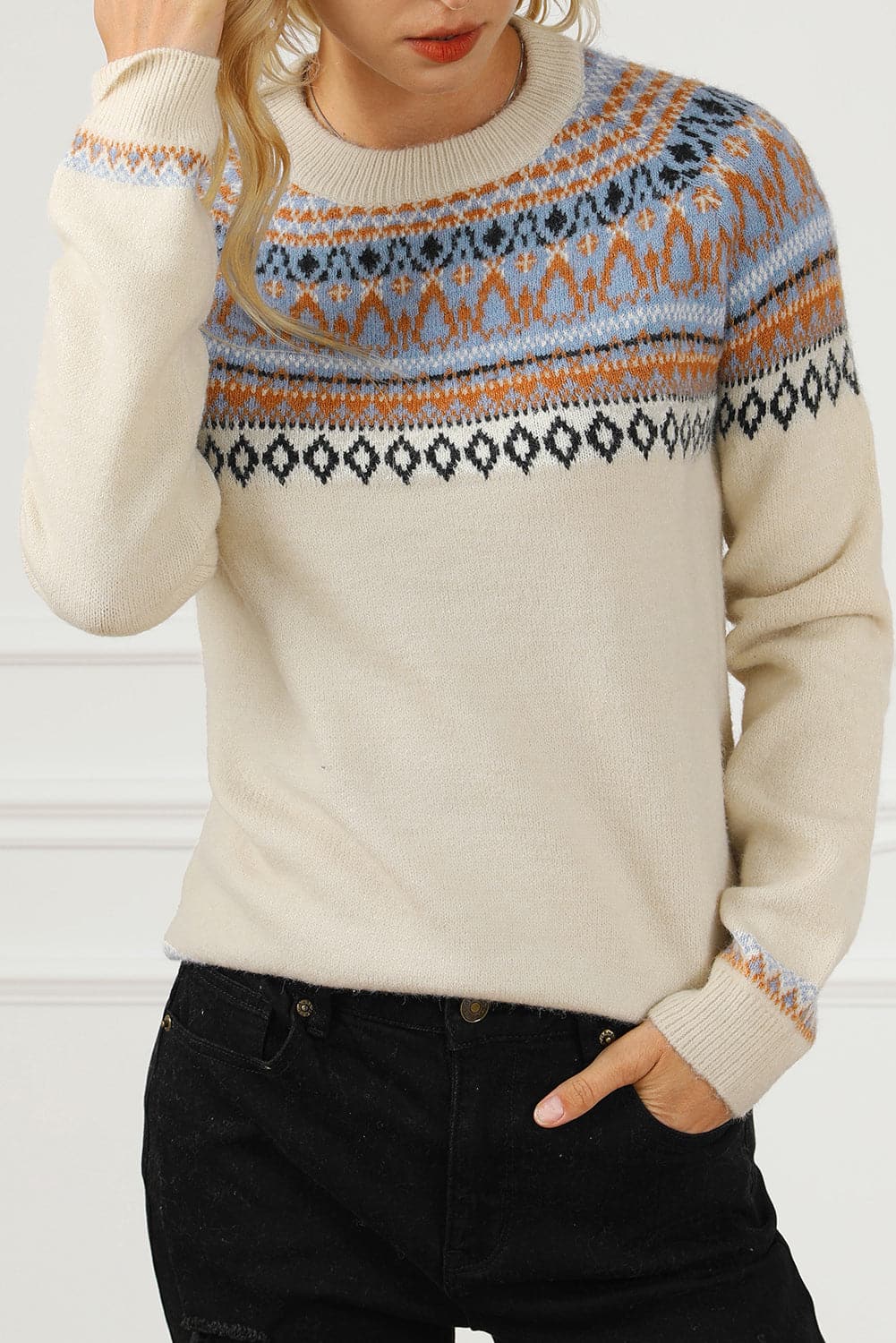 Geometric Round Neck Long Sleeve Sweater.