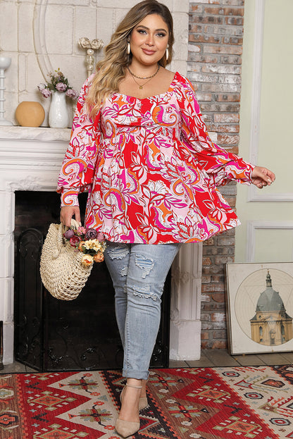 Charming red floral babydoll blouse with sweetheart neckline for plus sizes