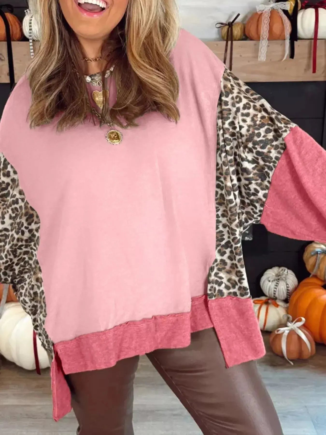 Color Block Leopard Round Neck Sweatshirt Simply Love
