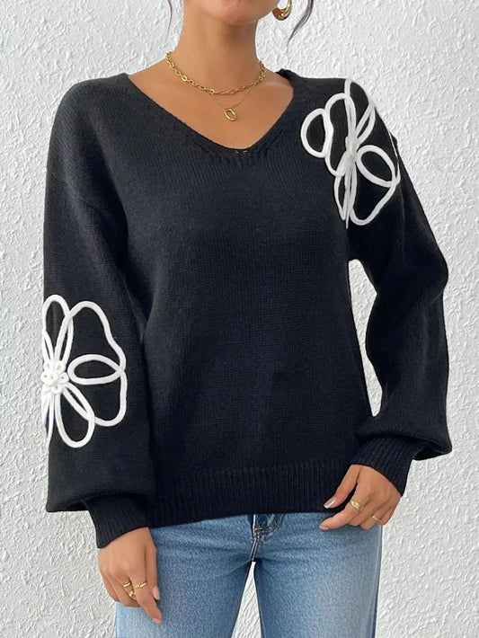 Flower V-Neck Long Sleeve Sweater Simply Love