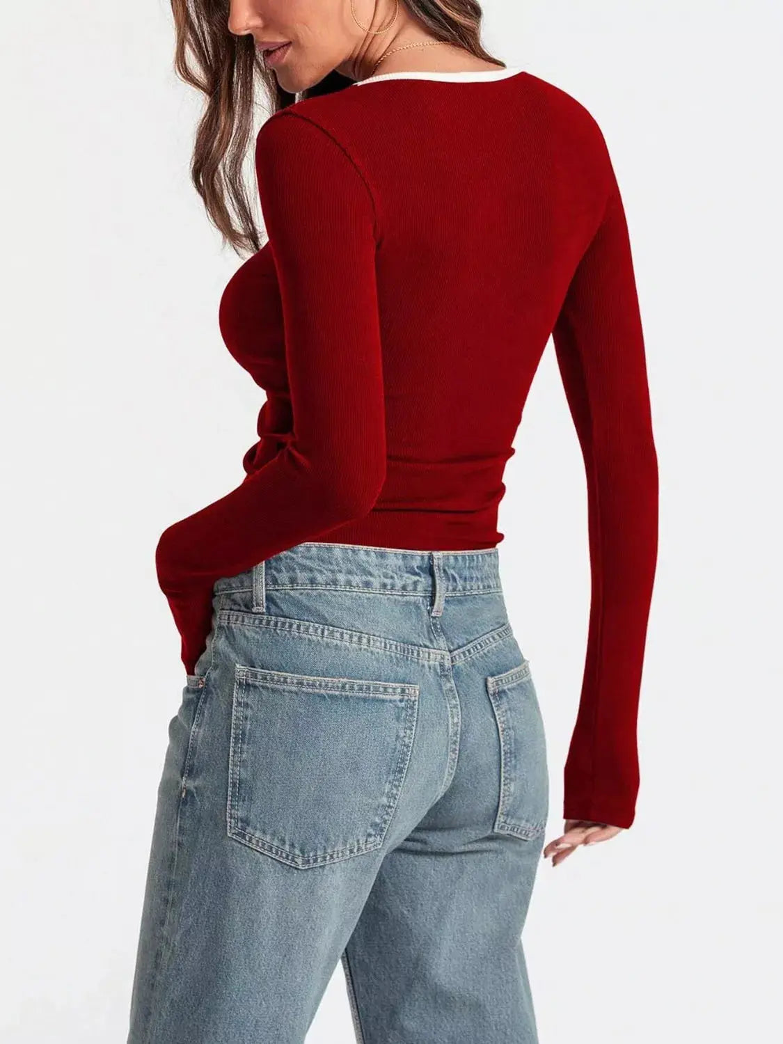 Contrast Trim Long Sleeve Top Simply Love