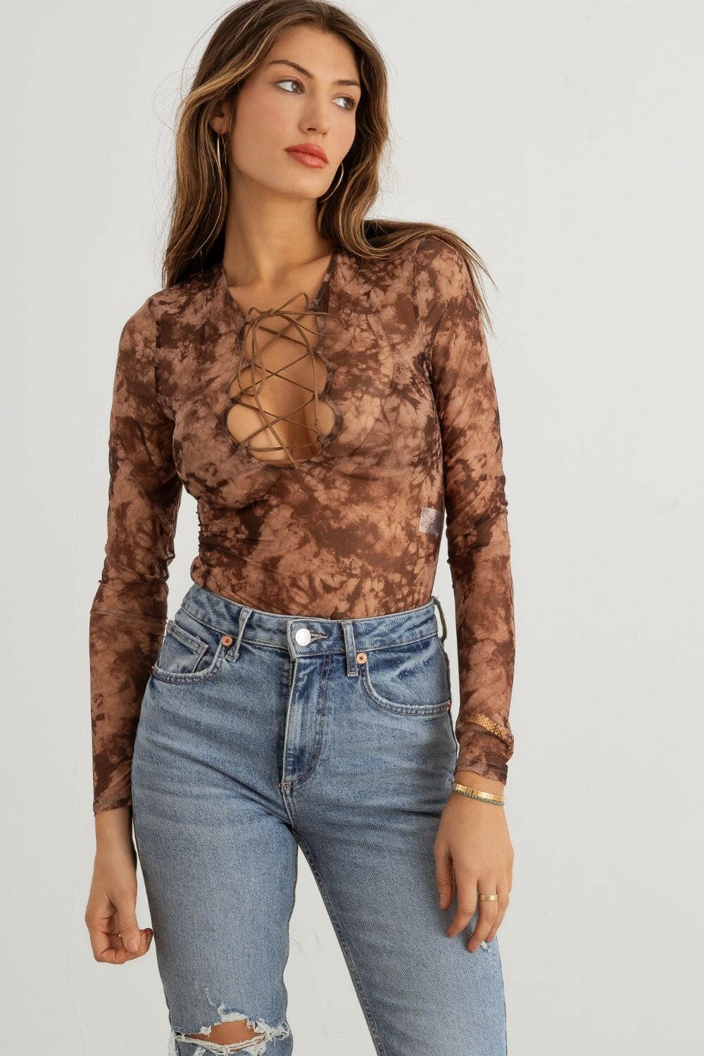 HERA COLLECTION Abstract Mesh Lace-Up Long Sleeve Bodysuit.