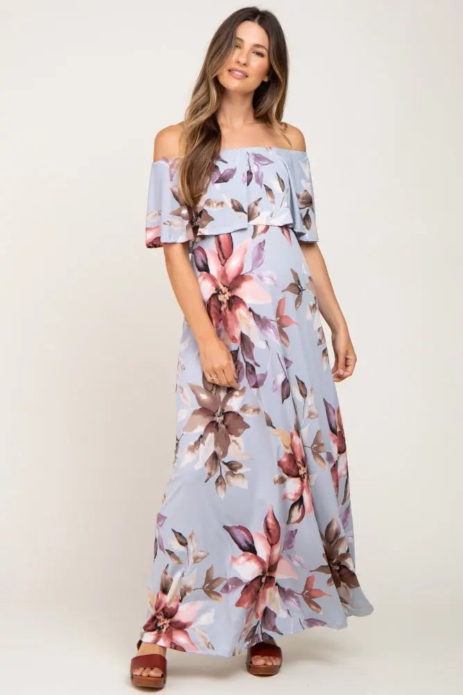 Light Blue Floral Off Shoulder Maternity Maxi Dress PinkBlush