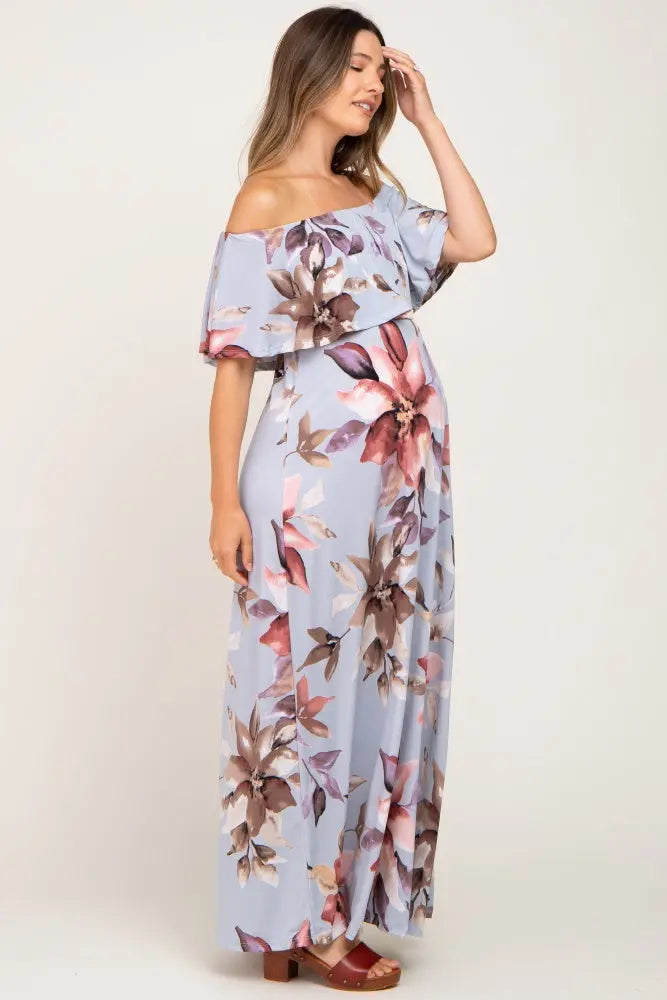 Light Blue Floral Off Shoulder Maternity Maxi Dress PinkBlush