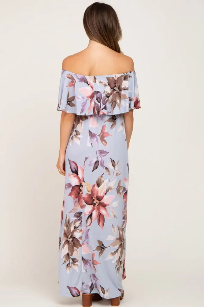 Light Blue Floral Off Shoulder Maternity Maxi Dress PinkBlush