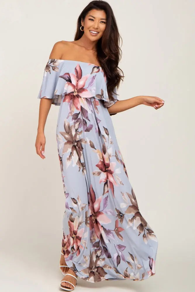Light Blue Floral Off Shoulder Maternity Maxi Dress PinkBlush