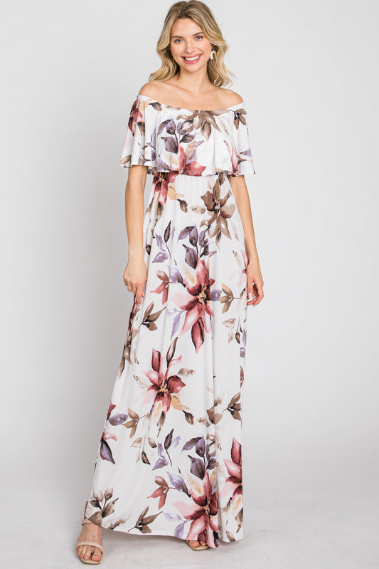 Ivory Floral Off Shoulder Maxi Dress PinkBlush