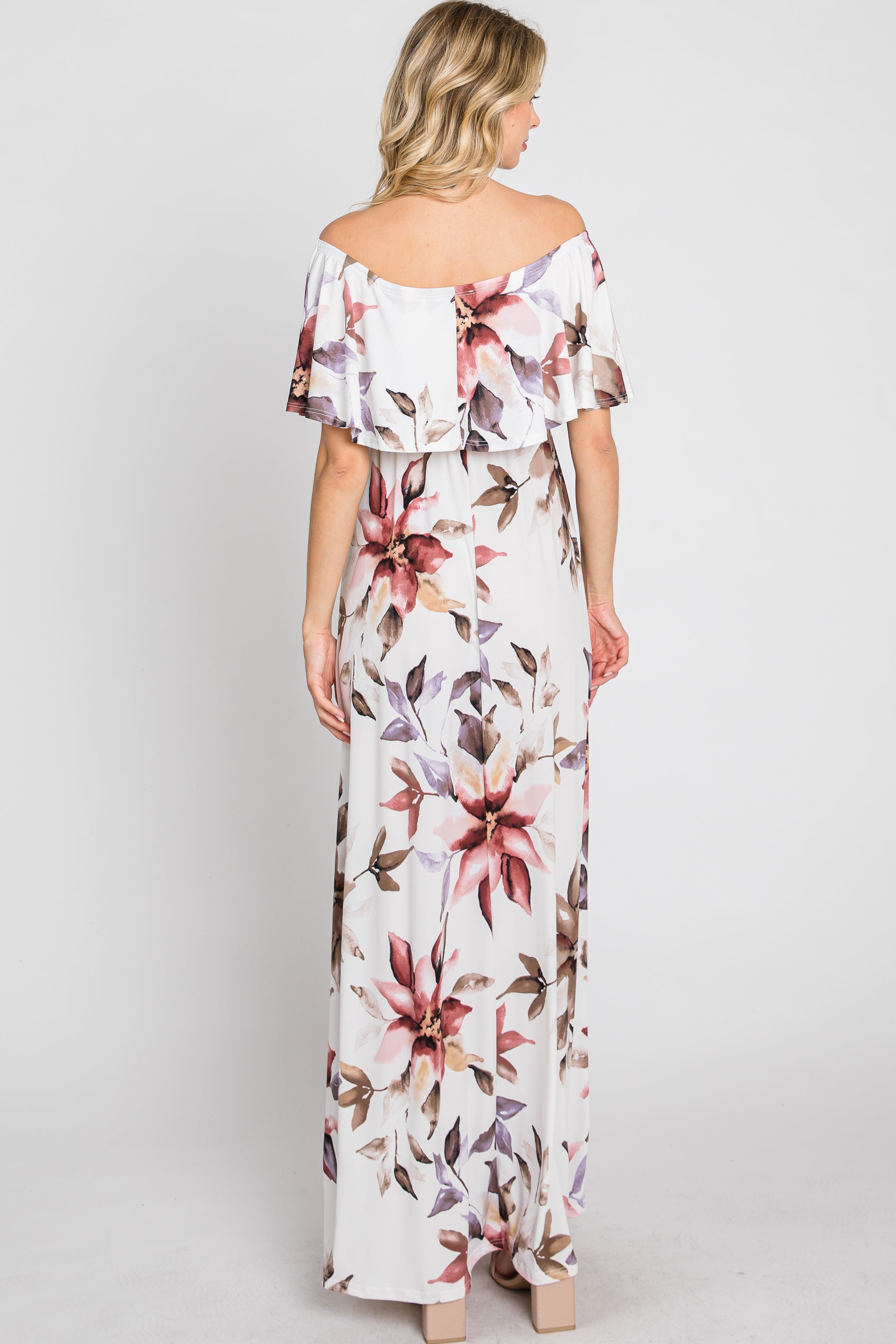 Ivory Floral Off Shoulder Maxi Dress PinkBlush