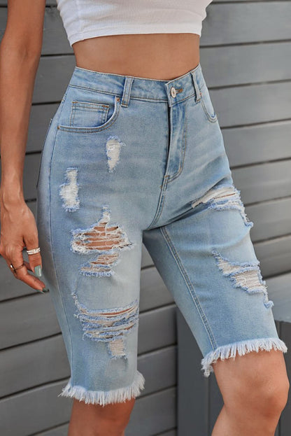 Distressed Raw Hem Denim Bermuda Shorts.