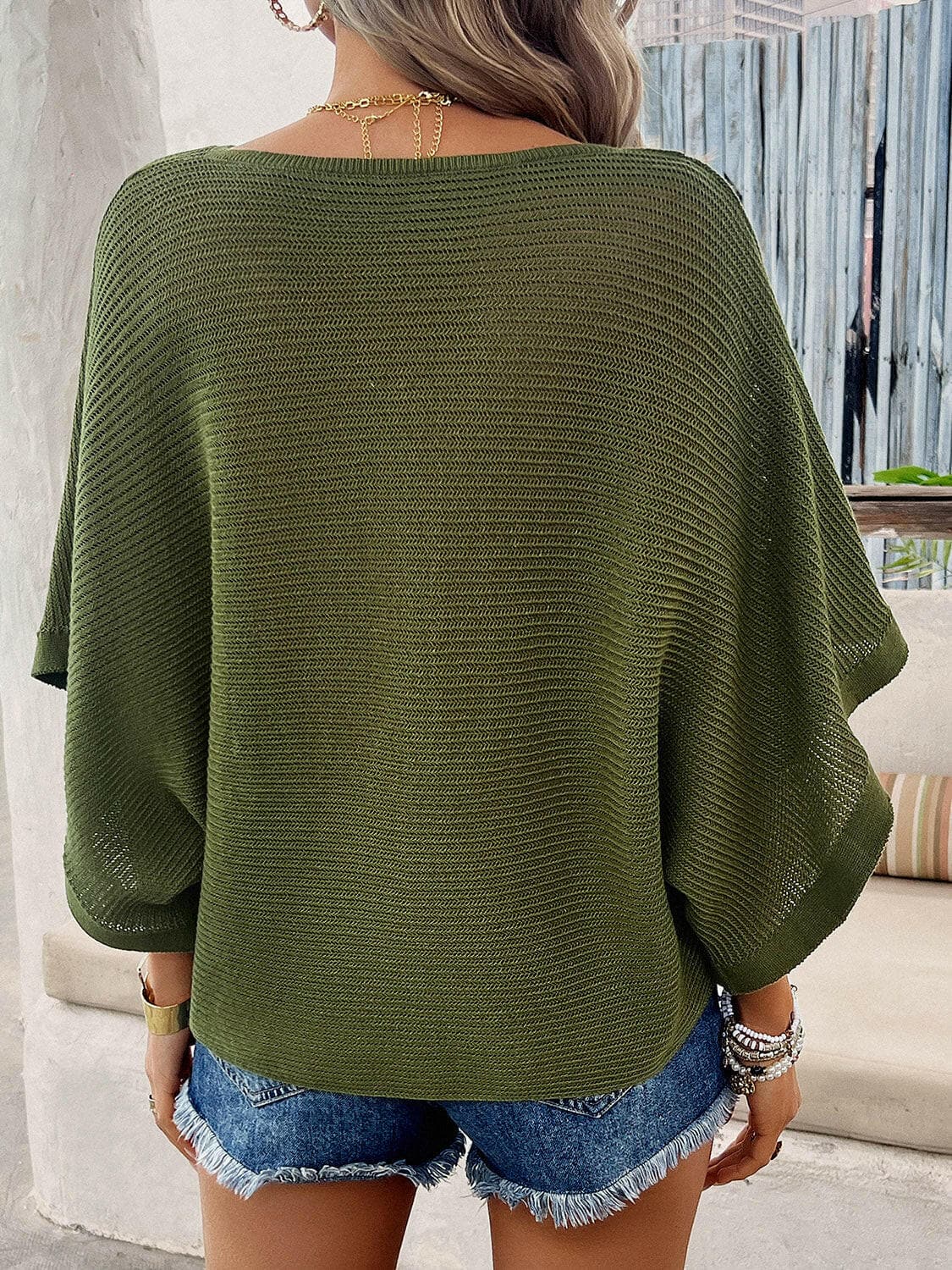 V-Neck Batwing Sleeve Knit Top.