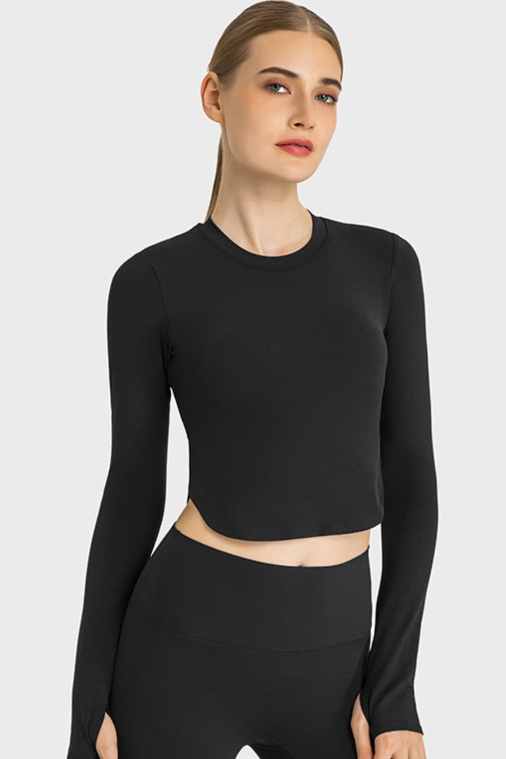 Side Slit Long Sleeve Round Neck Crop Top.