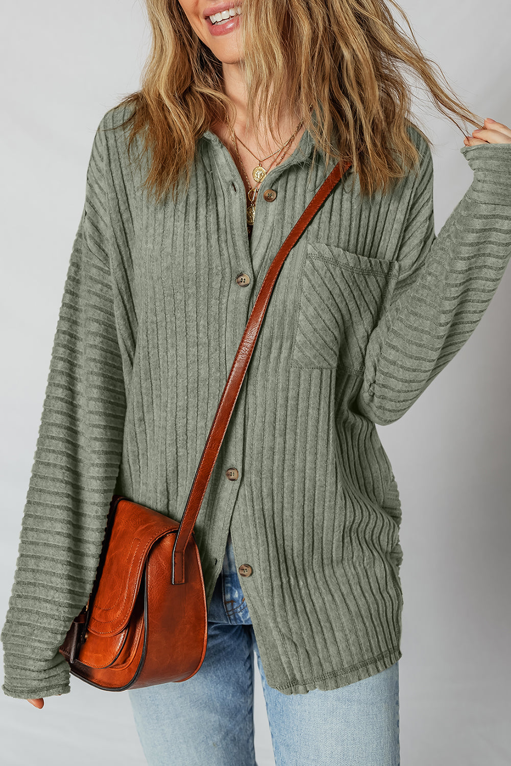 Mist Green Thermal Ribbed Texture Drop Shoulder Button Up Shacket Love Salve