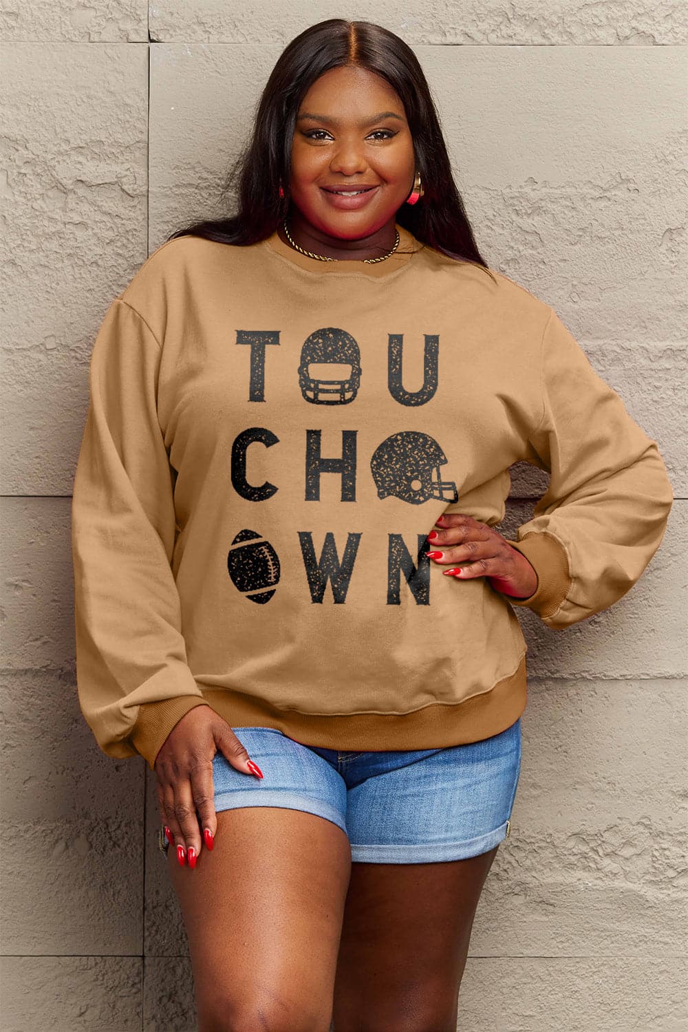 Simply Love Full Size TOUCHDOWN Long Sleeve Sweatshirt.