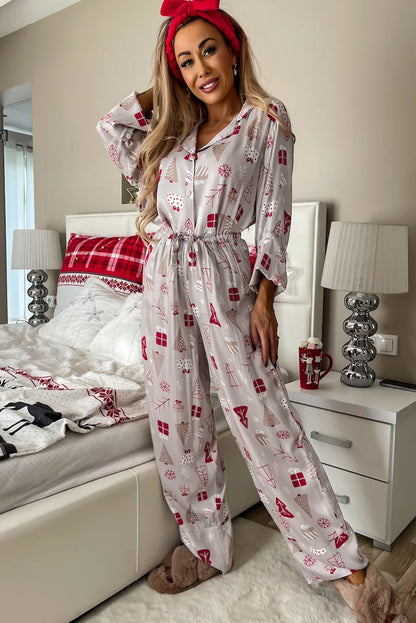 Cozy light grey Christmas pajama set with printed shirt and pants