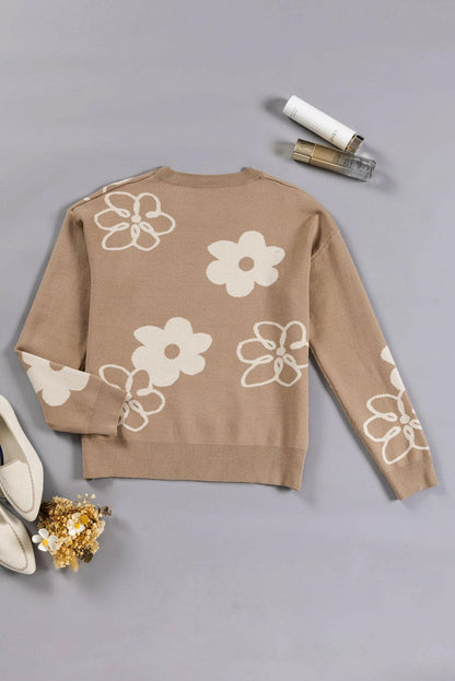 Flower Round Neck Dropped Shoulder Sweater.