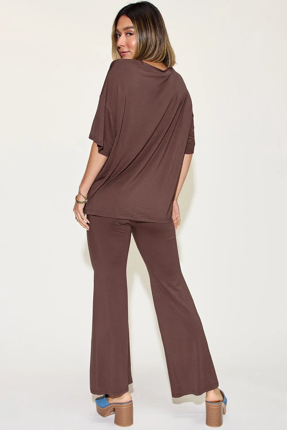 Basic Bae Full Size Bamboo Drop Shoulder T-Shirt and Flare Pants Set - Love Salve