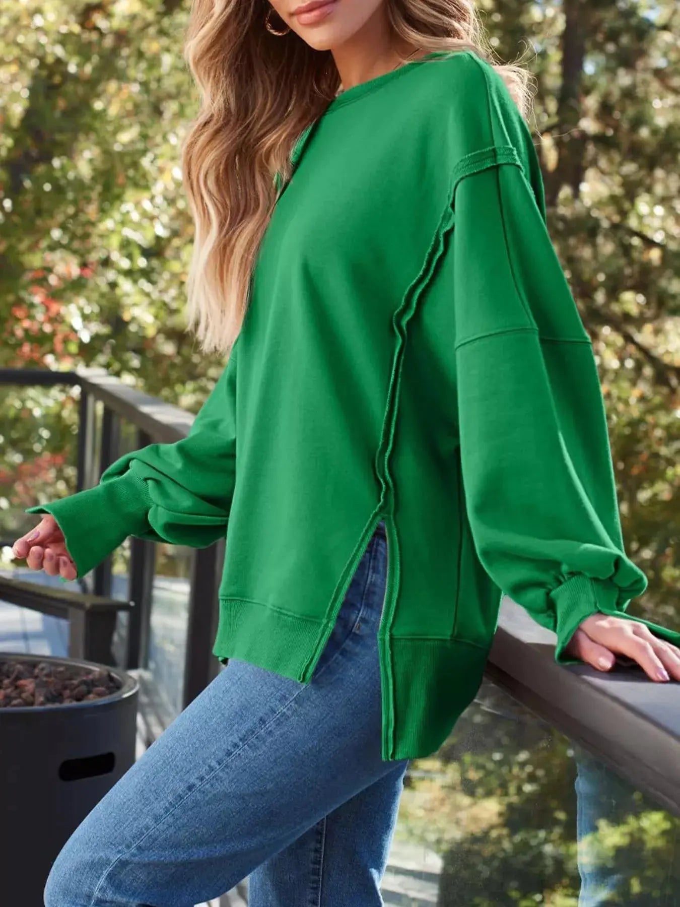 Side Slit Long Sleeve Oversized Sweatshirt Simply Love