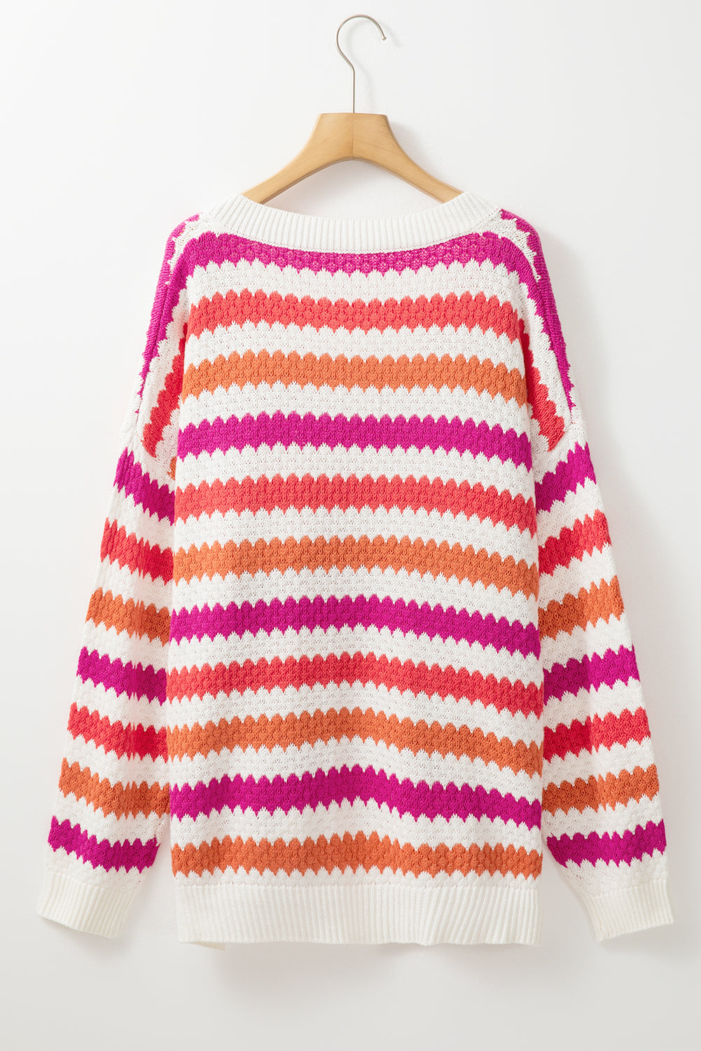 Chic pink striped v-neck plus size sweater with drop shoulders