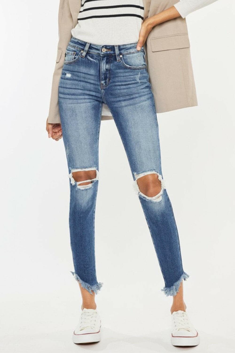 Kancan High Waist Distressed Raw Hem Ankle Skinny Jeans.