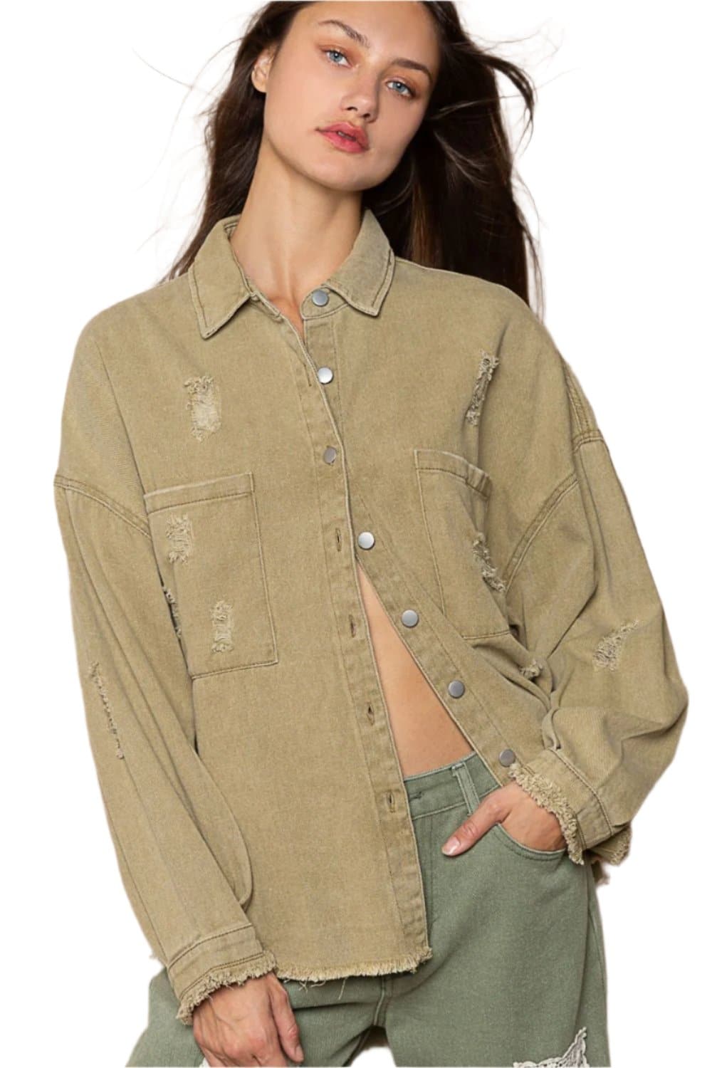 POL Button Down Raw Hem Distressed Shacket.