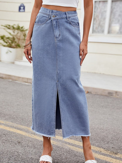 Slit Asymmetrical Waist Denim Skirt.